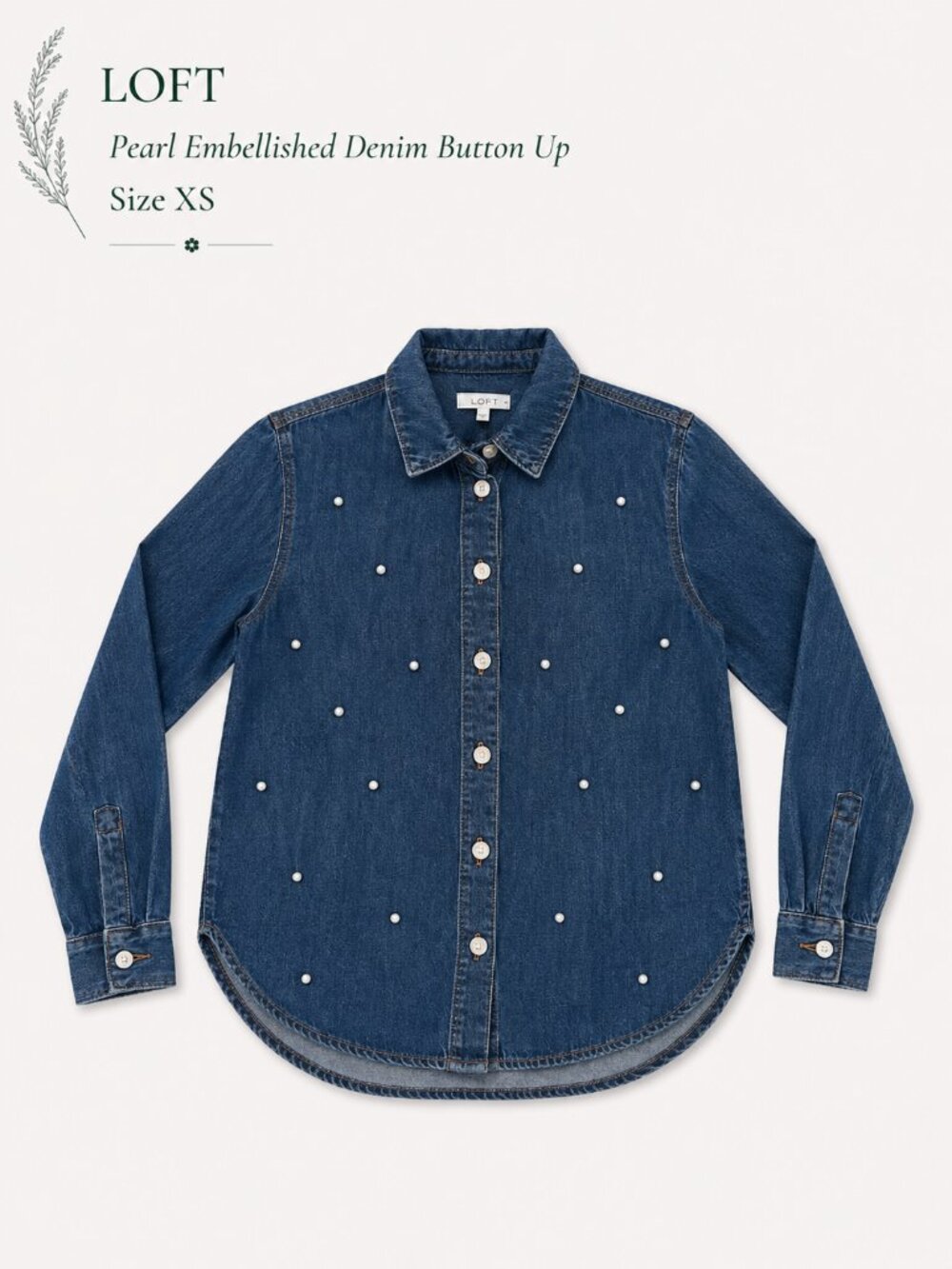LOFT Pearl Embellished Denim Button Up size XS